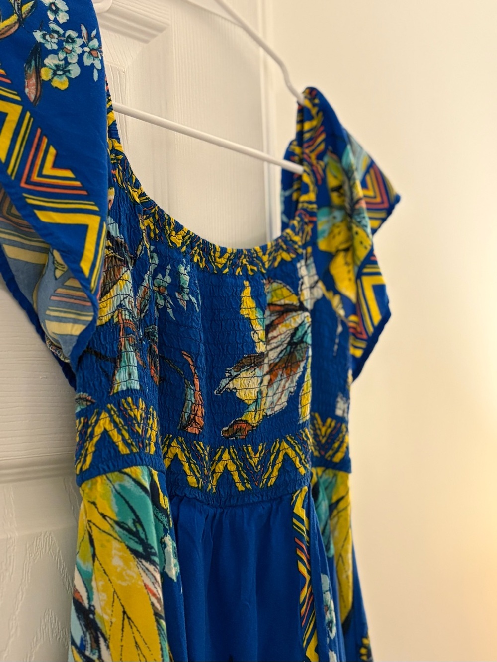 Royal Blue Floral Midi Dress with Yellow Accents